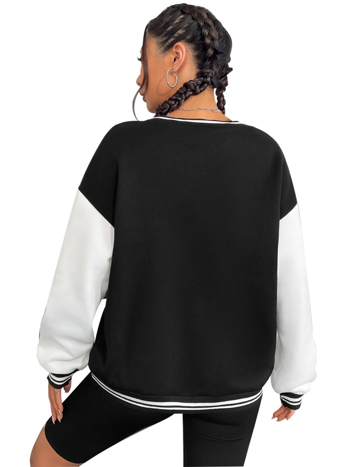Damen lässiges Sweatshirt mit V-Ausschnitt und sportlichem Schriftzug Drune