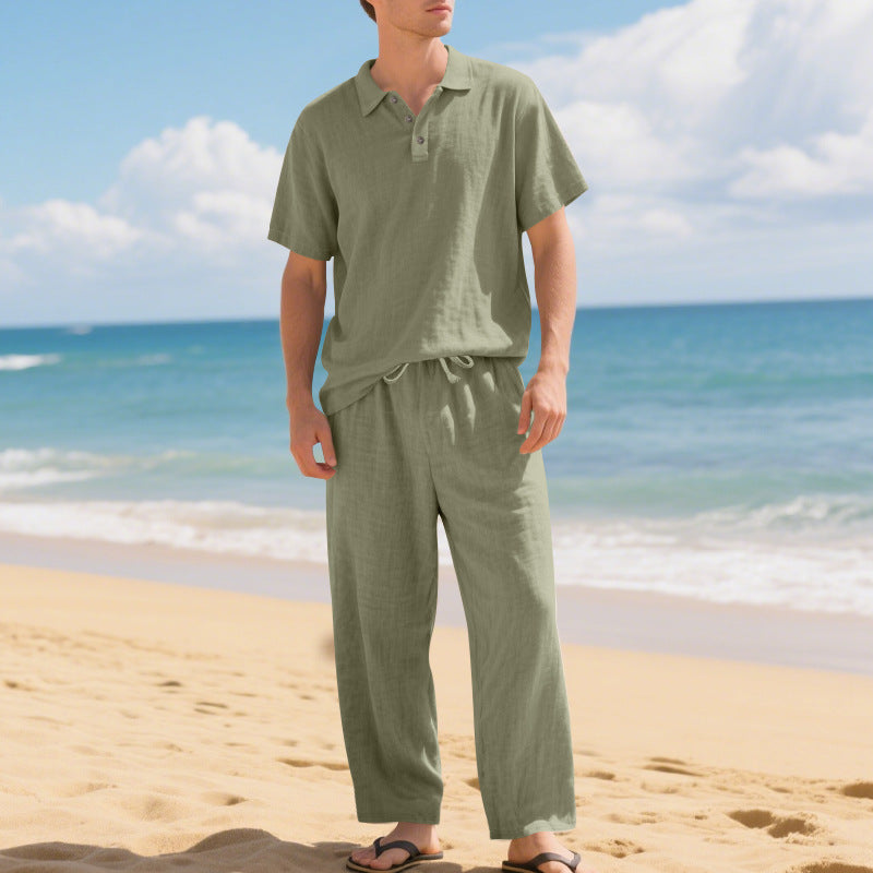 Herren nan luftiges Leinen-Ensemble mit Polokragen und regulierbarer Bundhose Drune
