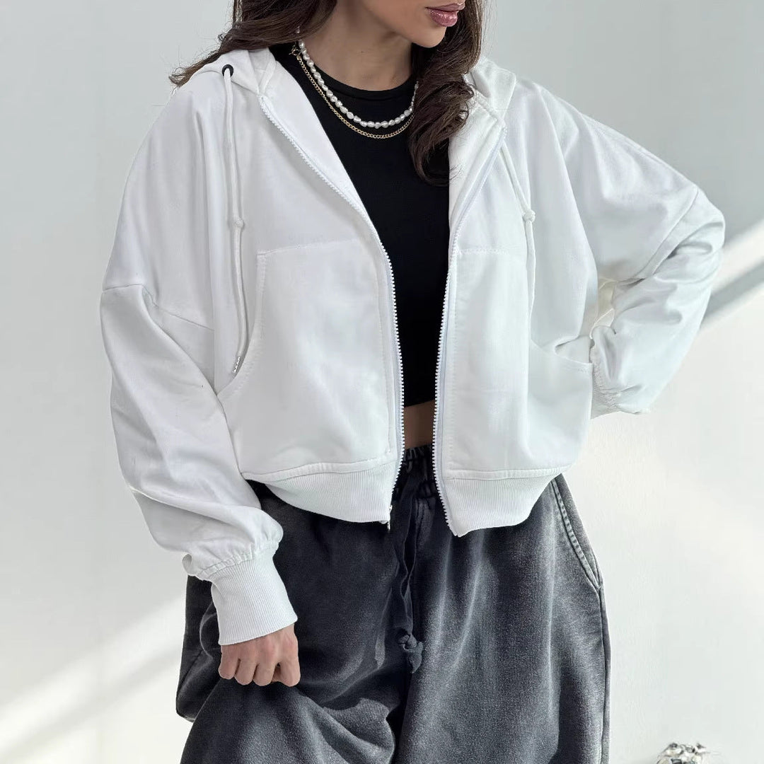 Damen lässiger Zip-Hoodie mit weit geschnittenen Ärmeln und praktischen Taschen Drune