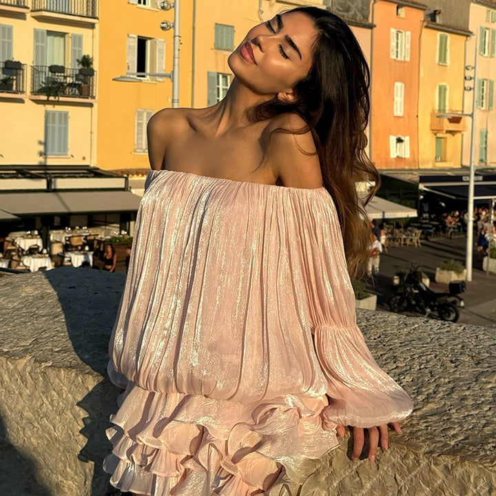 Damen luftiges Off-Shoulder Kleid mit Rüschenschnitt Drune