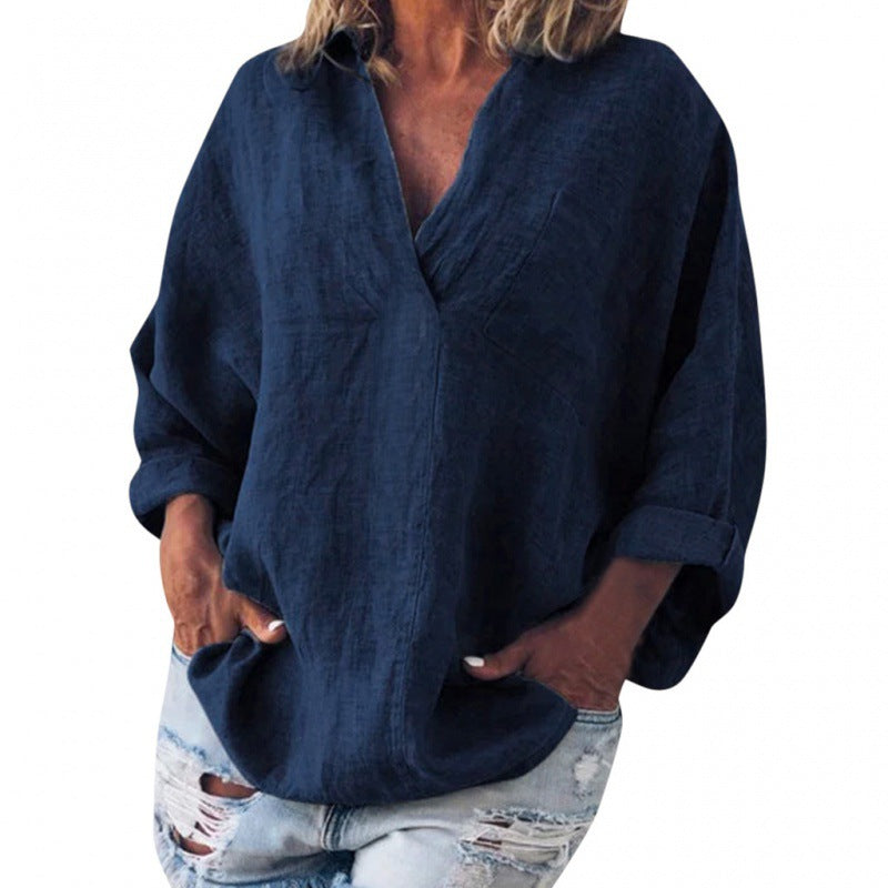 Damen weite Leinen-Tunika mit V-Ausschnitt und rollbaren Ärmeln Drune