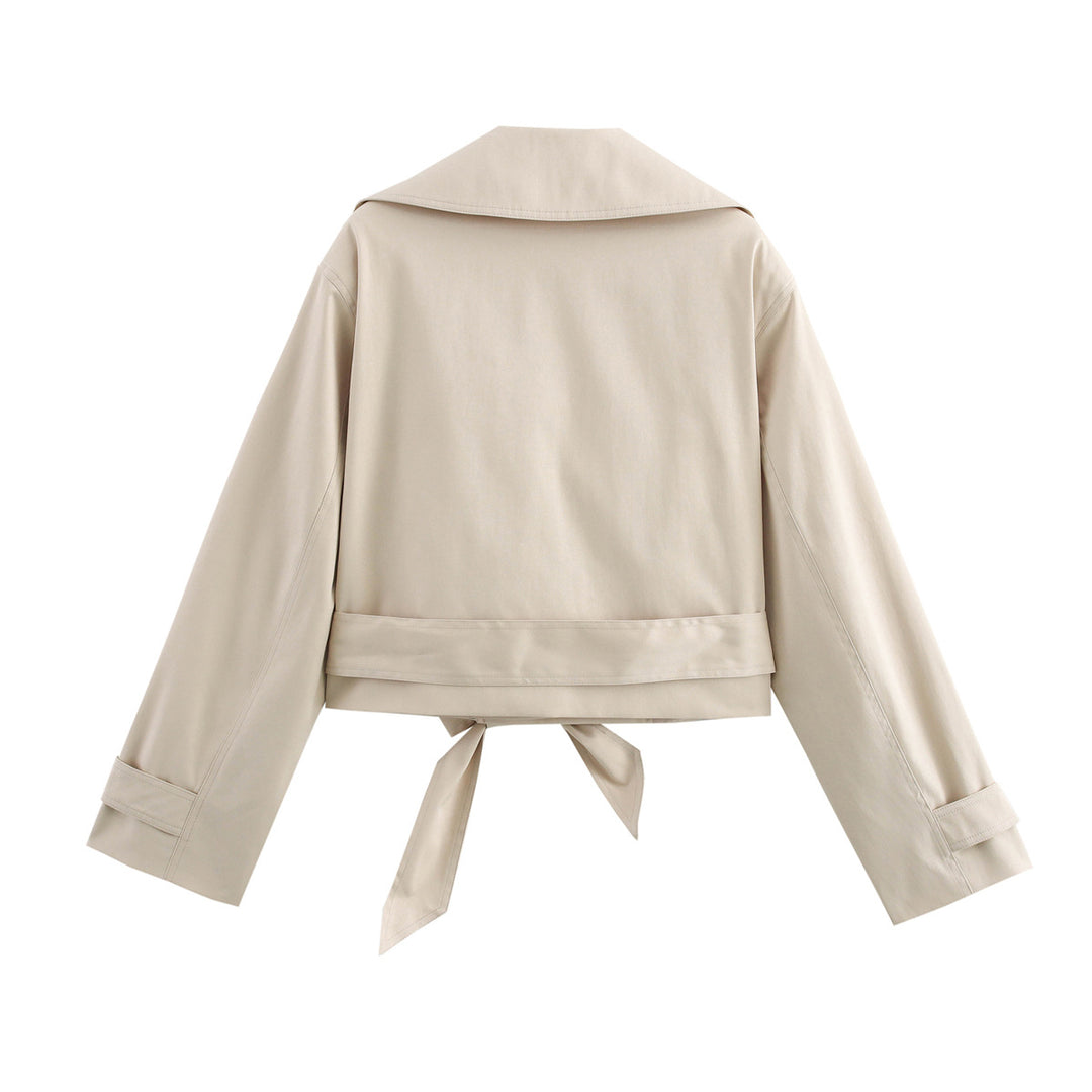 Damen Cropped Trenchjacke mit breitem Revers, Taillengürtel und Doppelknopfreihe Drune