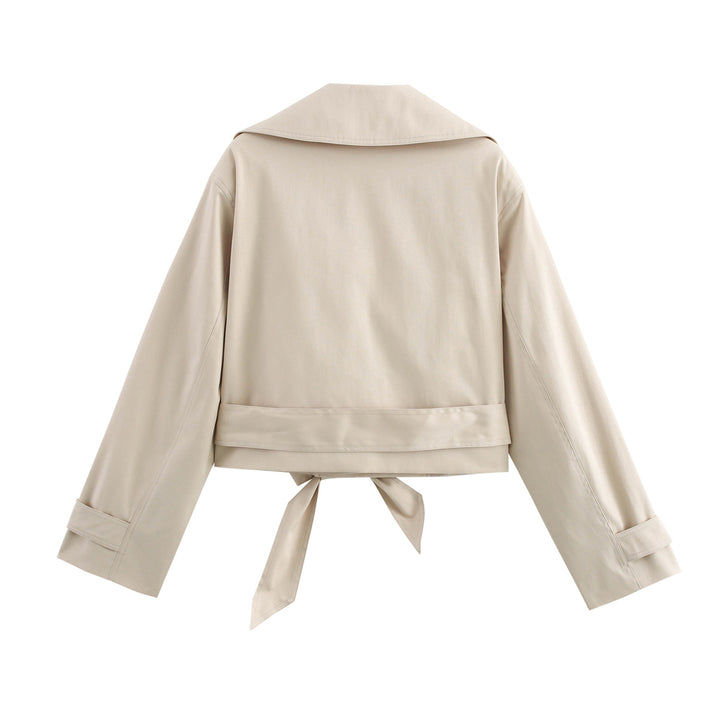Damen Cropped Trenchjacke mit breitem Revers, Taillengürtel und Doppelknopfreihe Drune