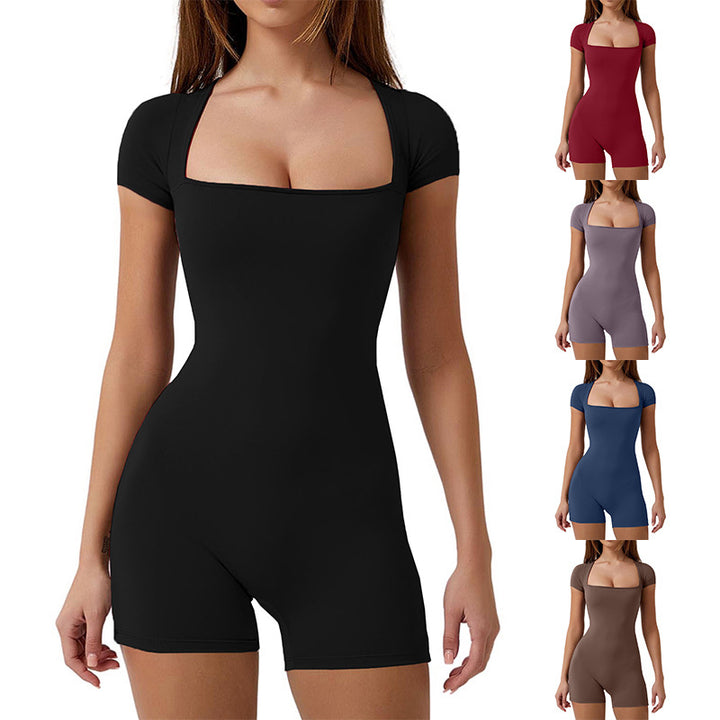 Damen Figurbetonter Kurzoverall mit quadratischem Ausschnitt und kurzen Ärmeln Drune