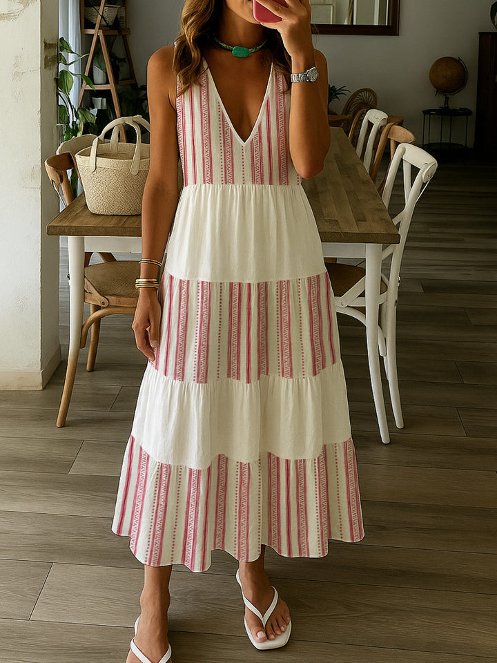 Damen Sommerliches Maxikleid mit tiefem V-Ausschnitt und breitem Rock Drune