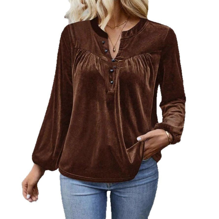 Damen Samtbluse mit Knopf‑Henley, geraffter Brustpasse und lockerer Passform Drune