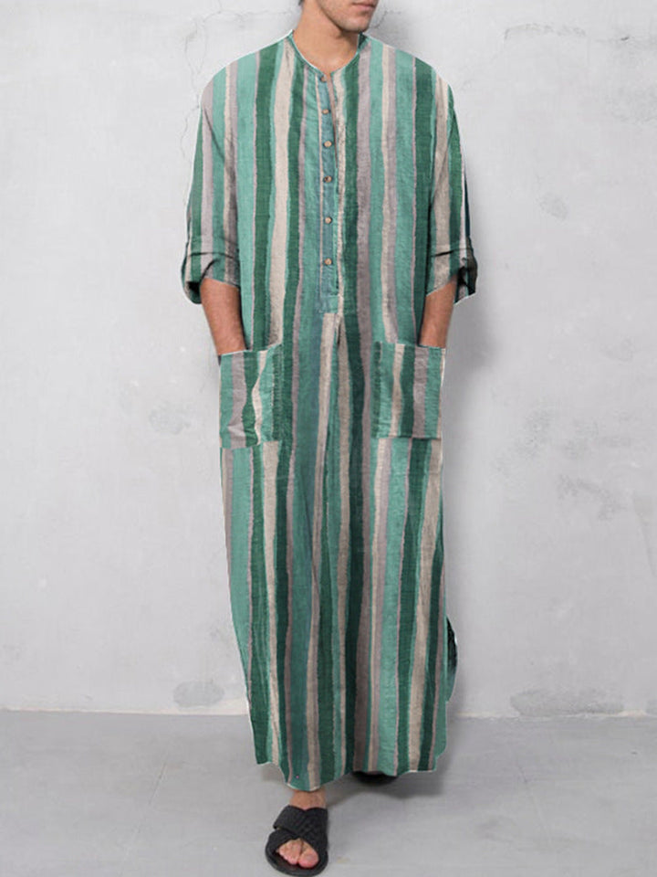 Herren nan lockerer Kaftan aus Leinenmischung mit Knopfleiste und aufgesetzten Taschen Drune