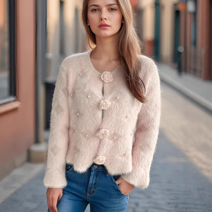 Damen Strickjacke mit floralen Applikationen und perlverzierter Detail Drune