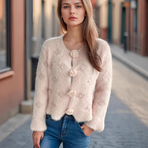 Damen Strickjacke mit floralen Applikationen und perlverzierter Detail Drune