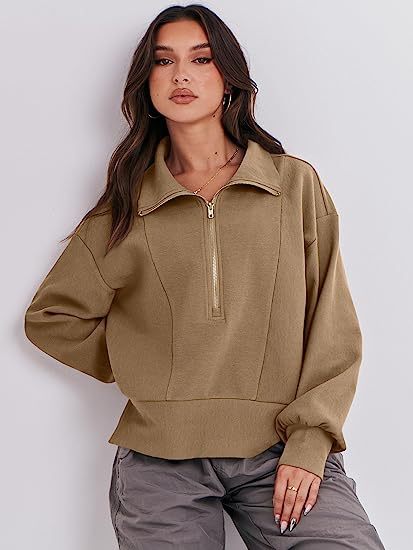 Damen Halb-Zip Kragen Entspannt Sweatshirt Pullover mit Rippbund und -manschetten Drune