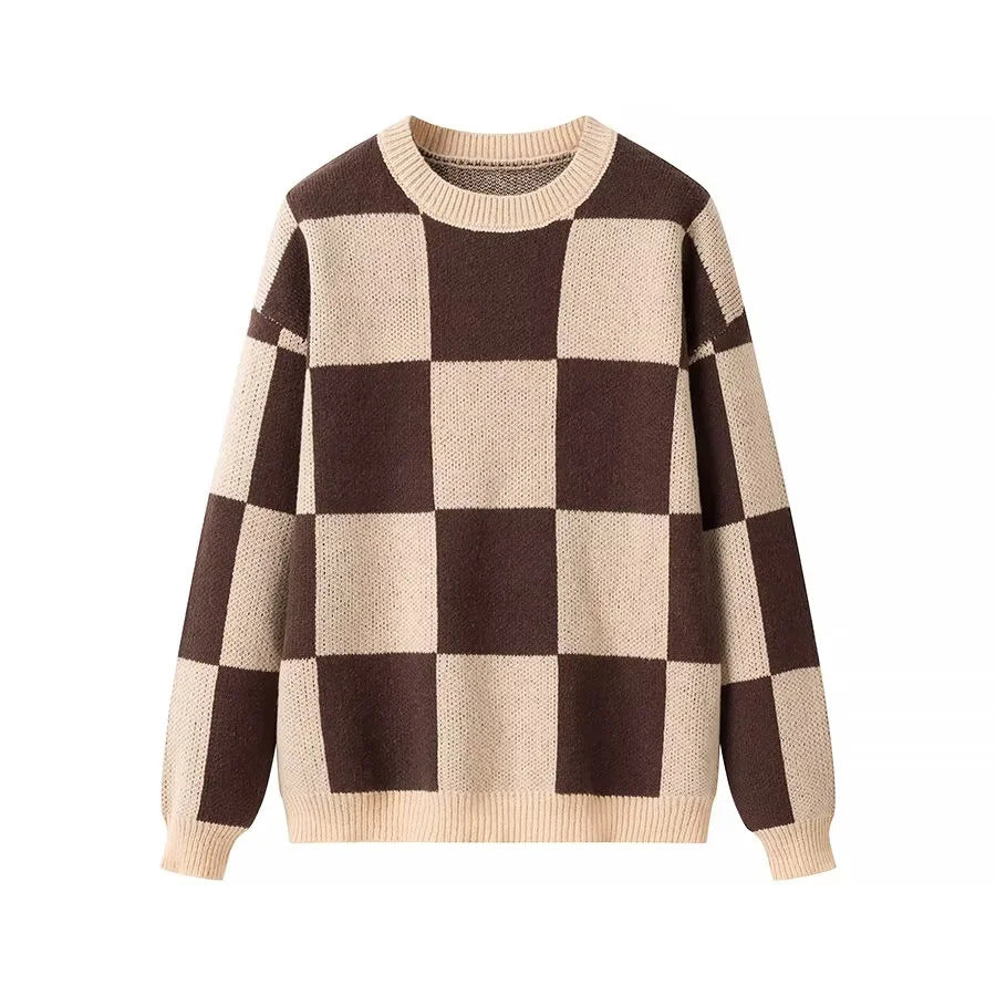 Damen nan oversized Strickpullover mit Schachbrettmuster, geripptem Saum und Rundhalsausschnitt Drune