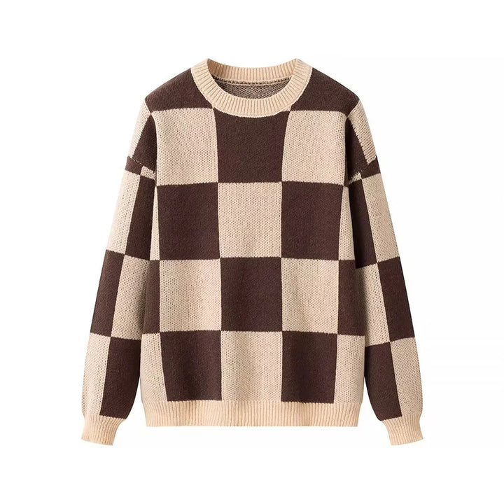 Damen nan oversized Strickpullover mit Schachbrettmuster, geripptem Saum und Rundhalsausschnitt Drune