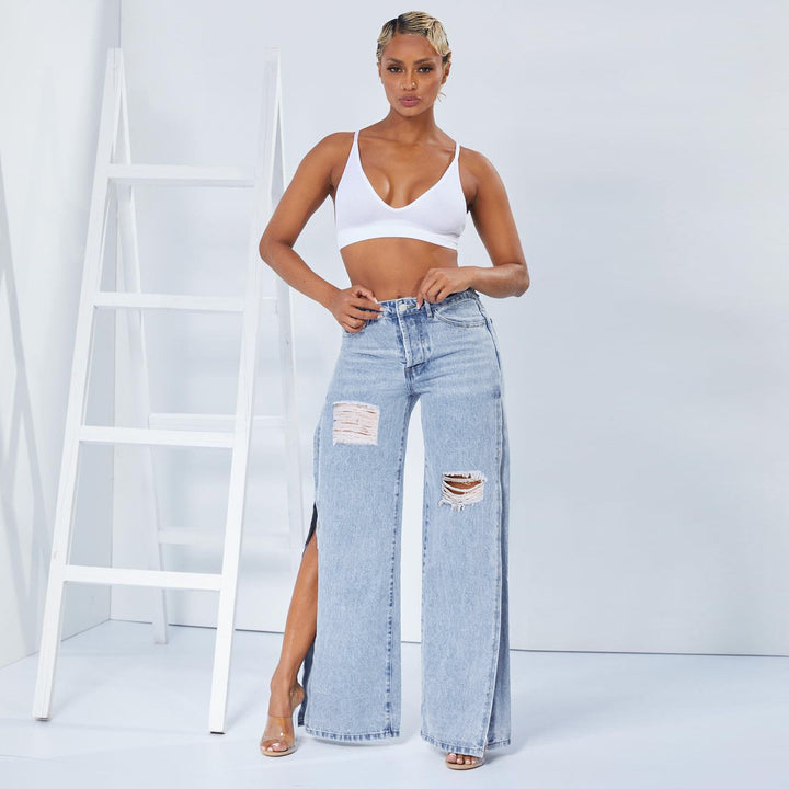 Damen weite High-Waist-Jeans mit seitlichen Beinschlitzen, Destroyed-Knie und formendem Bund Drune