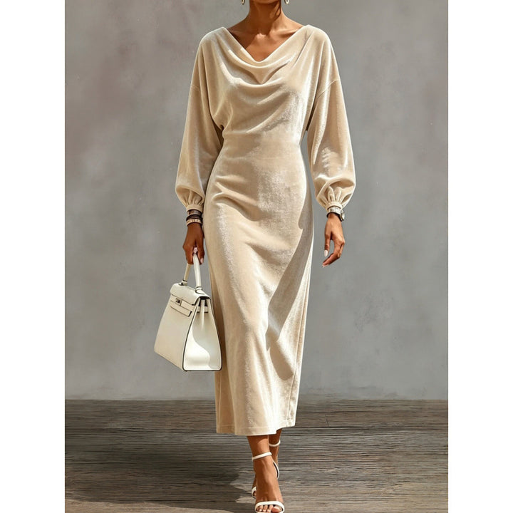 Damen Midikleid aus Samt mit drapiertem Wasserfallkragen und Ballonärmeln Drune