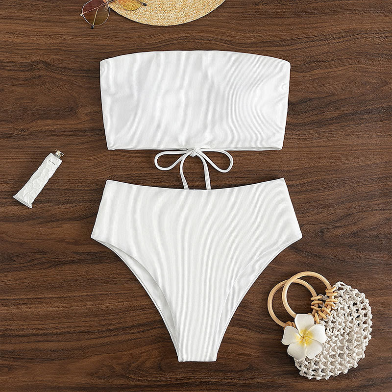 Damen Bandeau-Bikini mit hohem Bund und Rippdesign Drune