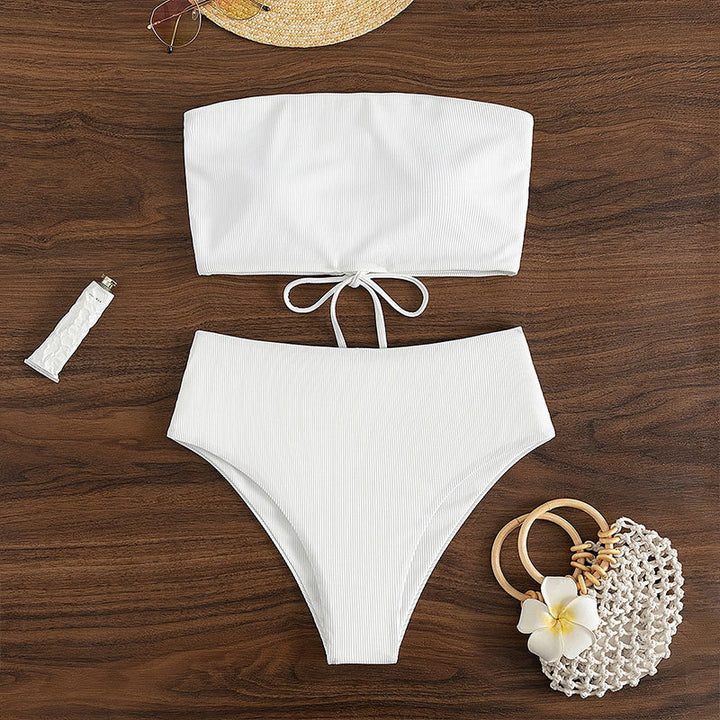 Damen Bandeau-Bikini mit hohem Bund und Rippdesign Drune