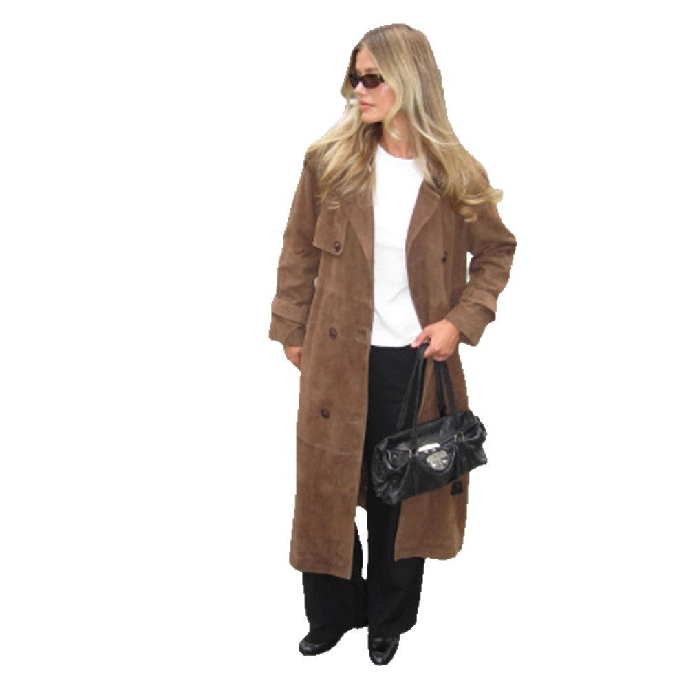 Damen Langer Wildleder‑Trenchcoat mit doppelreihiger Knopfleiste Drune