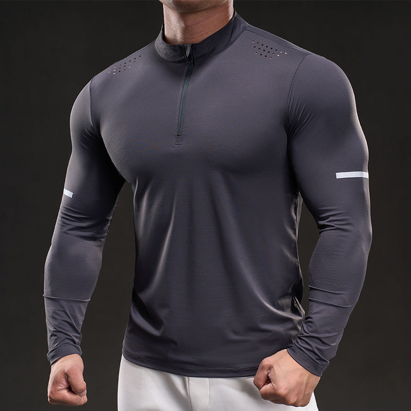 Herren Atmungsaktives Longsleeve Trainingsshirt mit Stehkragen und Kurz-Reißverschluss Drune