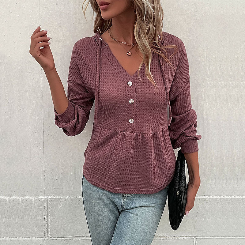Damen Waffelstrick-Hoodie-Bluse mit V-Ausschnitt, Knopfleiste und geraffter Taillenpasse Drune