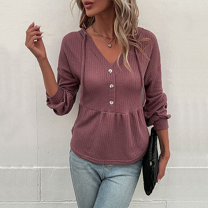 Damen Waffelstrick-Hoodie-Bluse mit V-Ausschnitt, Knopfleiste und geraffter Taillenpasse Drune