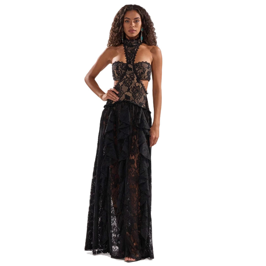 Damen elegante Spitzentraumkleid mit hochgeschlossenem Kragen und fließendem Rock Drune