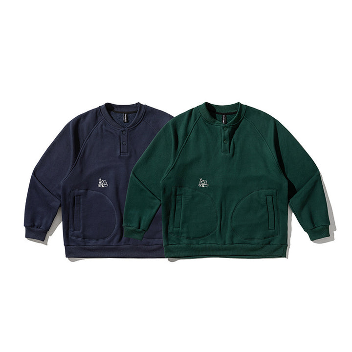 Herren Oversize-Sweatshirt mit Henley-Knopfleiste, Raglanärmeln und runden Fronttaschen Drune
