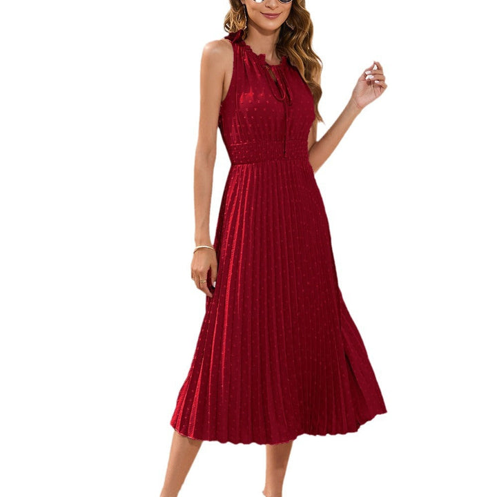 Damen Plissiertes Midikleid mit elegantem Schlitz und verstellbarem Kragen Drune