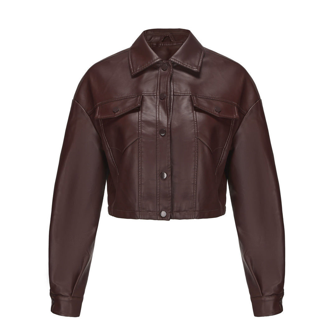 Damen nan kurze Lederjacke im Trucker-Stil mit kastiger Cropped-Passform Drune