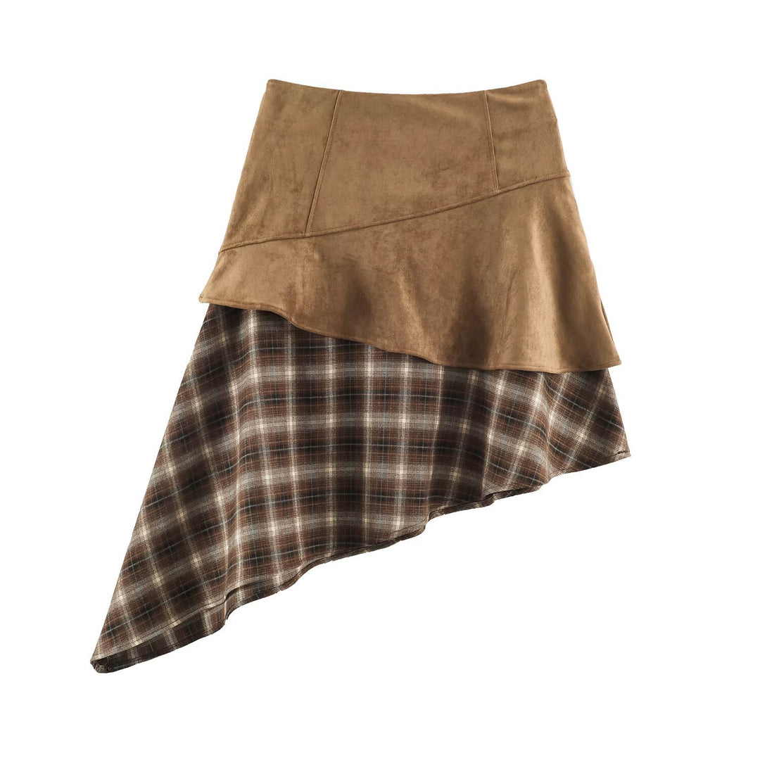 Damen Asymmetrischer Lagenrock mit Kunstleder-Oberschürze und kariertem Chiffon-Volant Drune