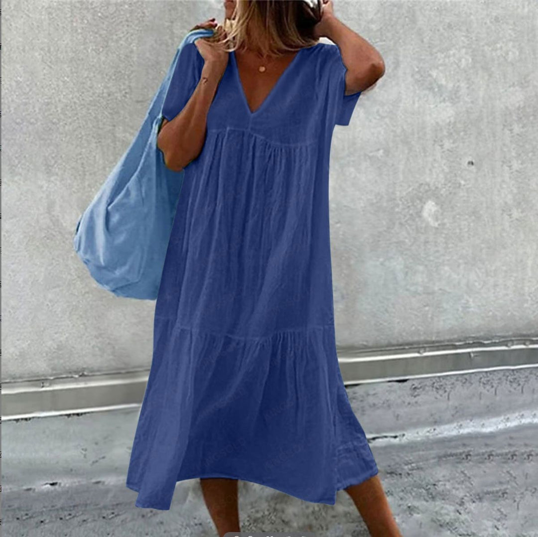 Damen Maxikleid mit modernem V-Ausschnitt und femininer Lockere Passform Drune