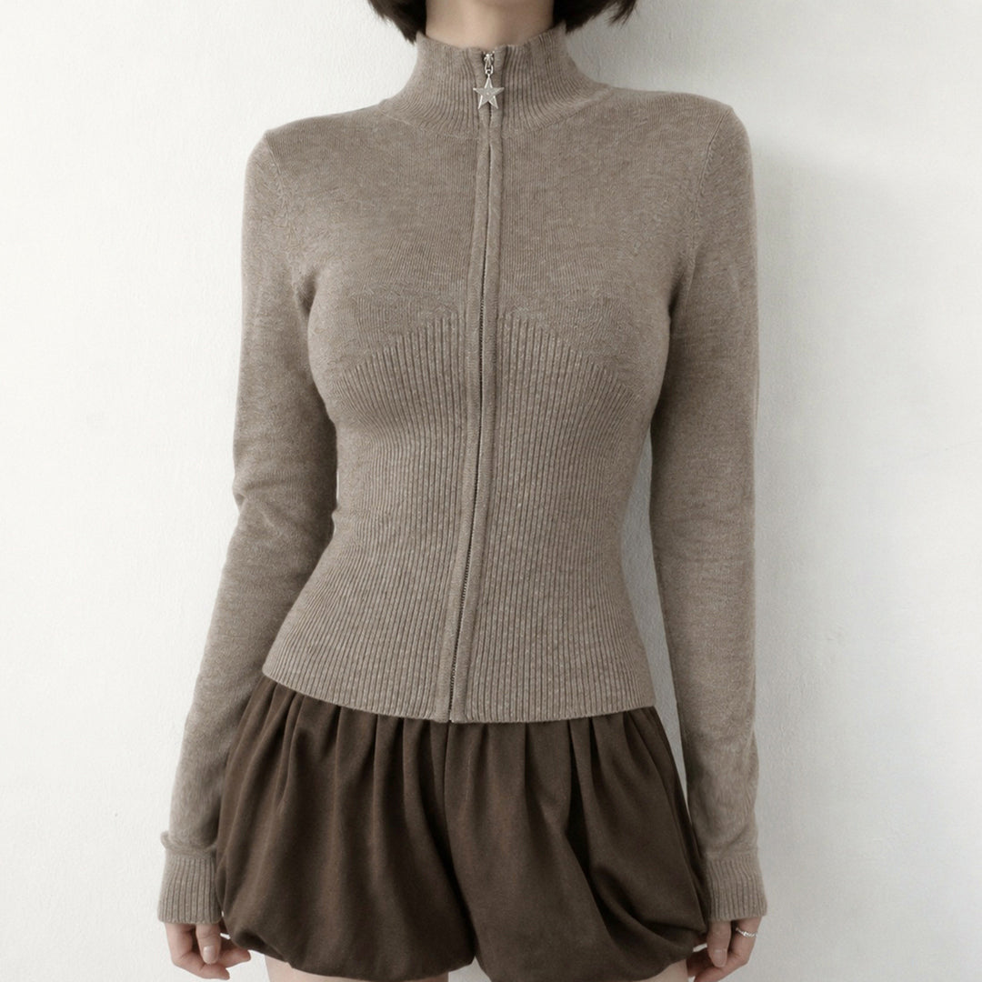 Damen Figurbetonter Zip-Pullover mit Stehkragen und taillierter Rippstruktur Drune