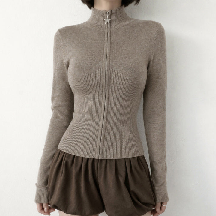 Damen Figurbetonter Zip-Pullover mit Stehkragen und taillierter Rippstruktur Drune