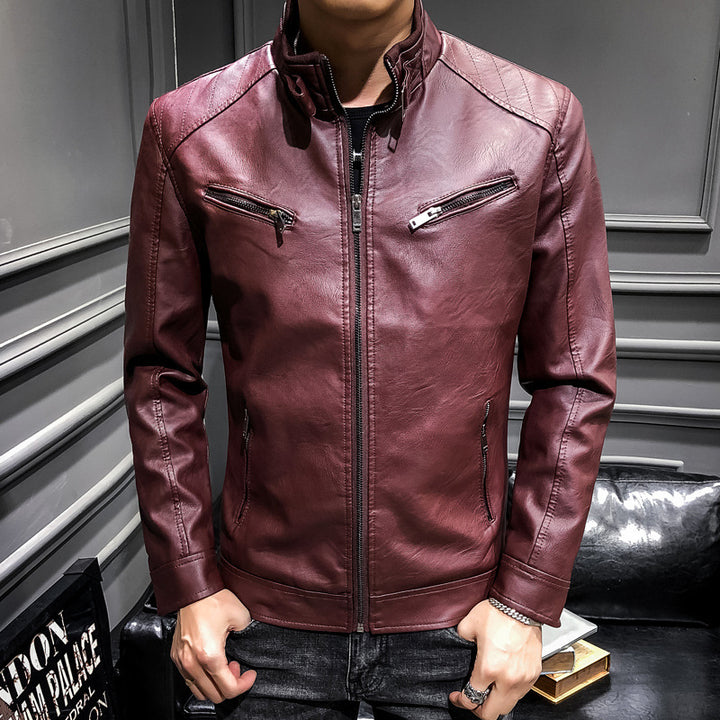 Herren Slim-Fit Kunstleder‑Racerblouson mit Stehkragen und Reißverschluss‑Brusttaschen Drune