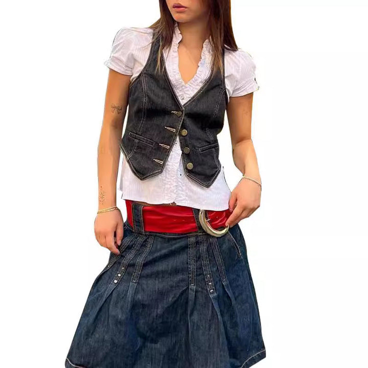 Damen Denim-Weste mit eleganten Knopfdetails und modernen Taschen Drune