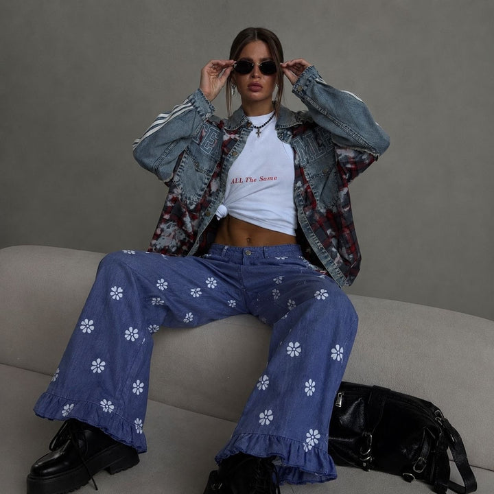 Damen weite Denimhose mit Gänseblümchen-Print, hohem Bund und Rüschenabschluss Drune