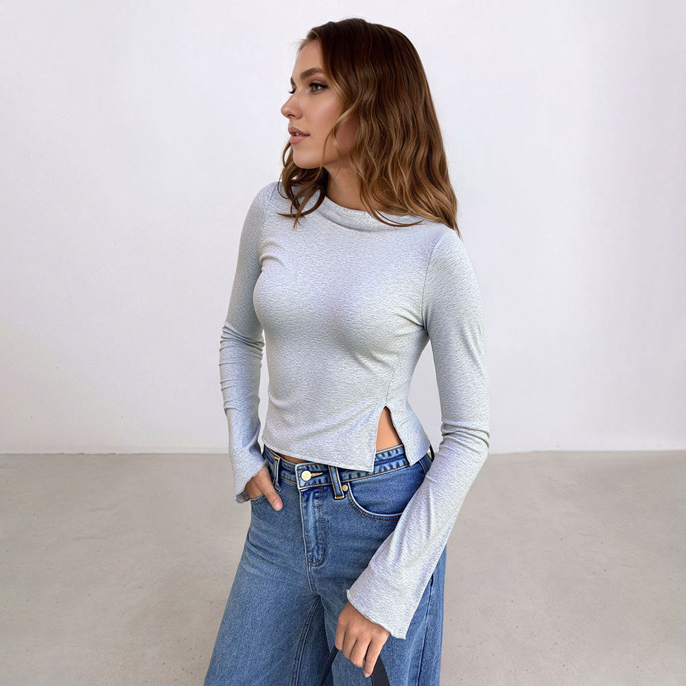 Damen cropped Langarmshirt mit seitlichem Schlitz und elegantem Design Drune