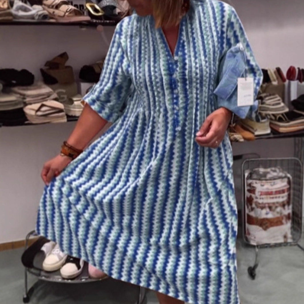 Damen nan Midikleid mit Unterbrustnaht, V-Ausschnitt, Knopfleiste und krempelbaren dreiviertelärmeln Drune
