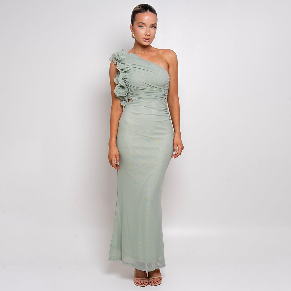 Damen Figurschmeichelndes Midi-Kleid mit asymmetrischem Ausschnitt und Rüschendetails Drune