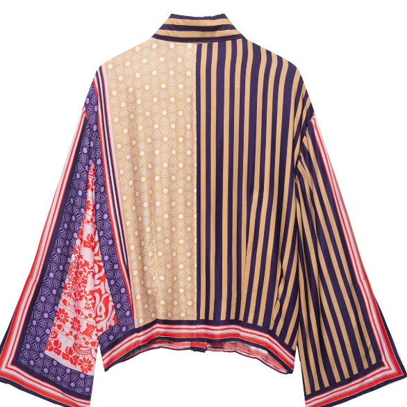 Damen Gemusterte Patchwork‑Bluse mit weitem Glockenärmel und Hemdkragen Drune