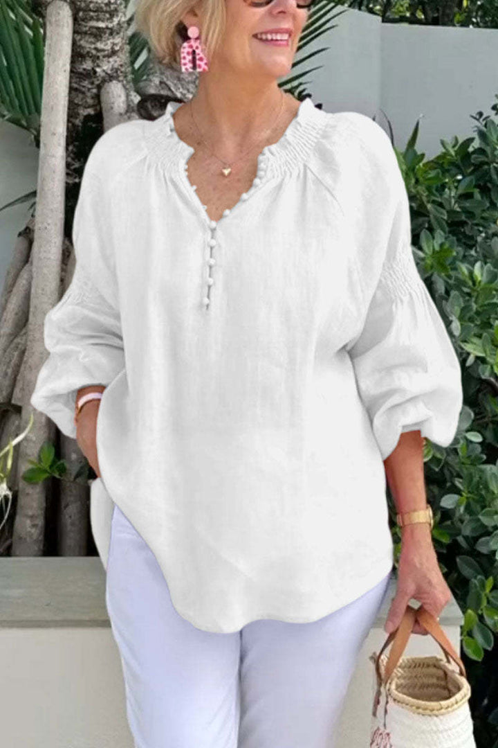 Damen lässige Kleidungsbluse mit Ballonärmeln und Knopfleiste Drune