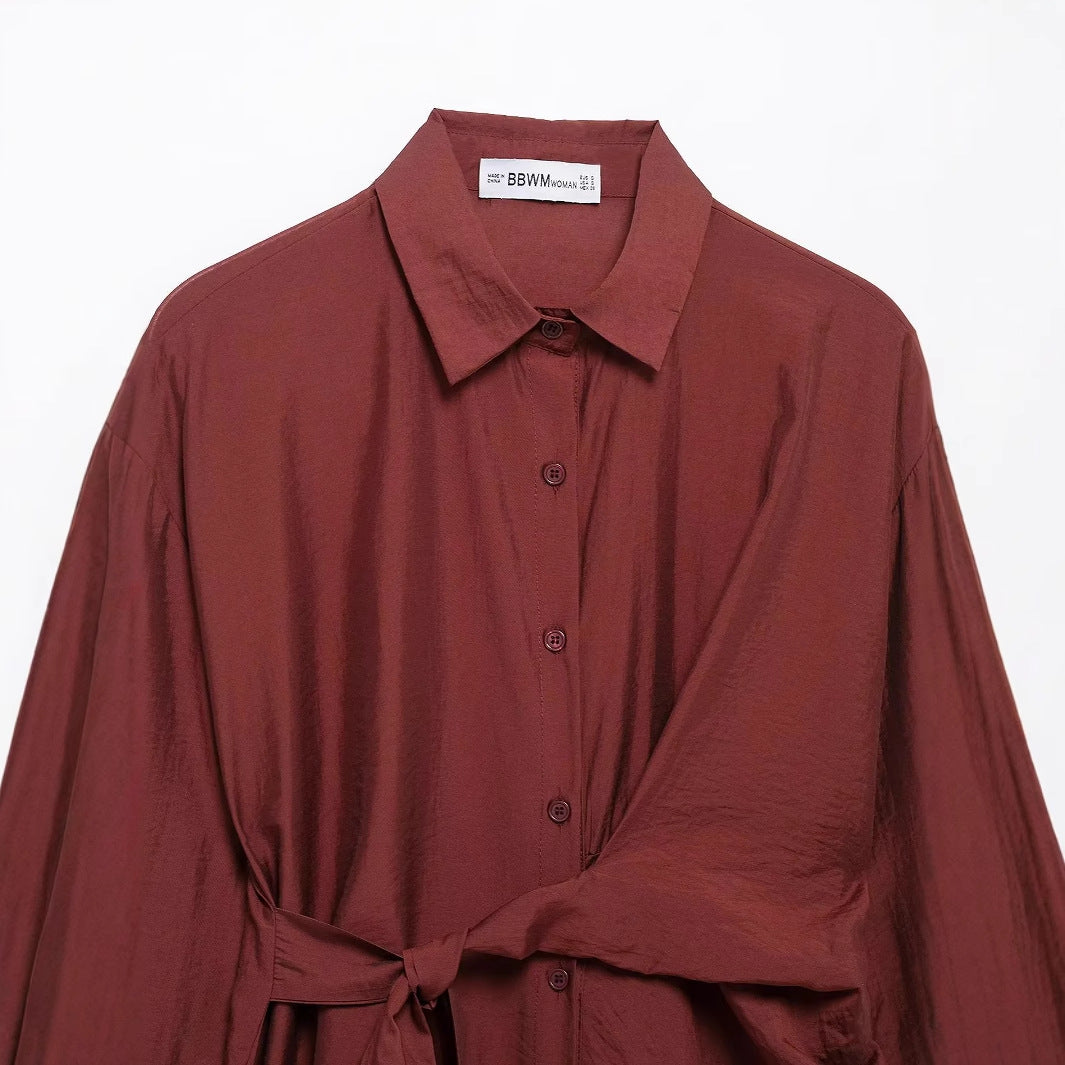 Damen nan locker geschnittene Hemdbluse mit Bindegürtel und kastigem Schnitt Drune