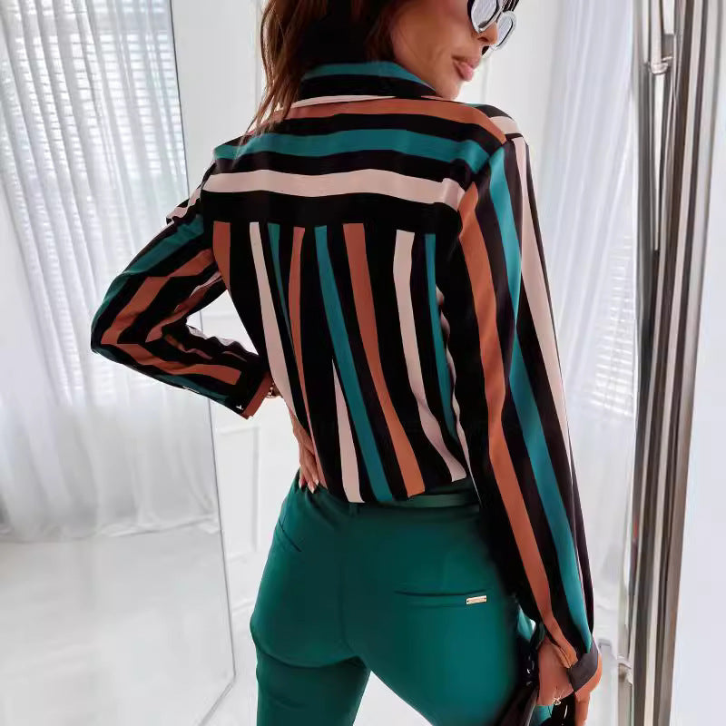 Damen Button-Up Streifenbluse mit Kontrasttaschen Drune