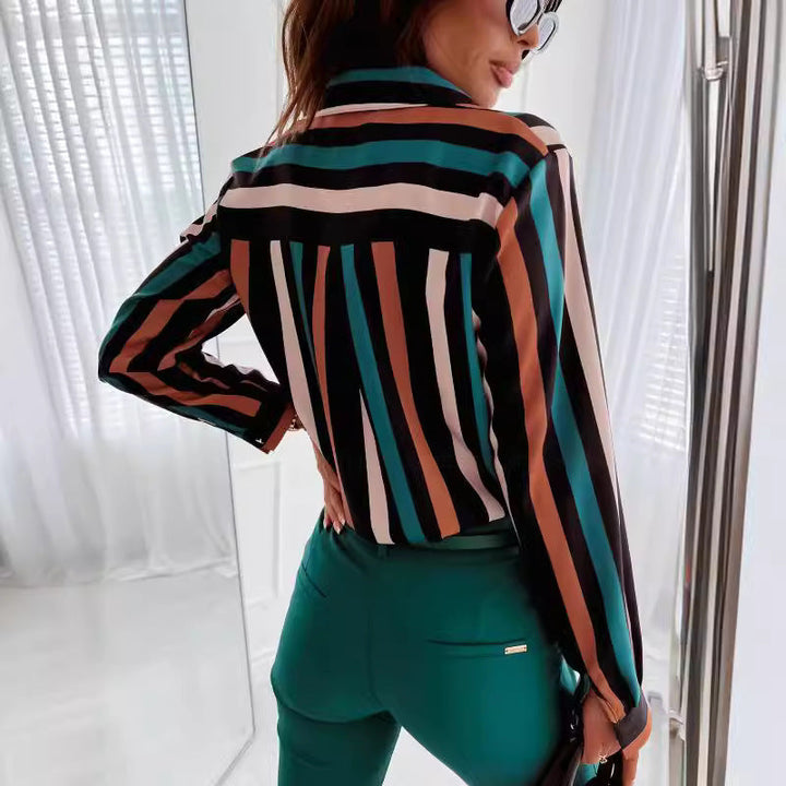 Damen Button-Up Streifenbluse mit Kontrasttaschen Drune