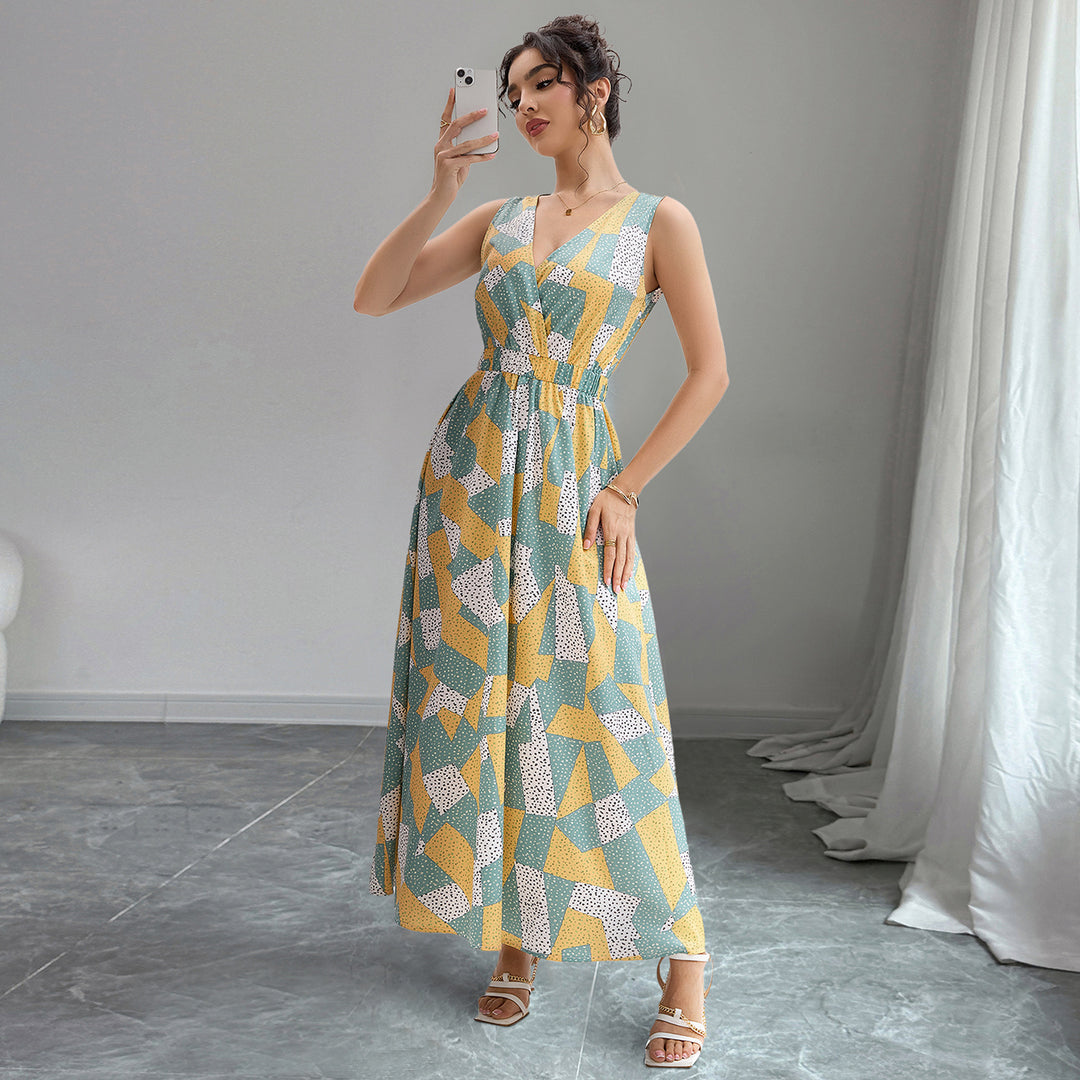 Damen Maxi-Kleid mit V-Ausschnitt und geometrischem Muster Drune