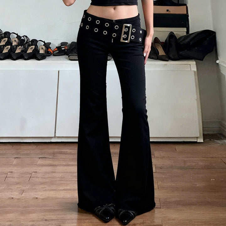 Damen High‑Waist Schlaghose aus Stretch‑Denim mit Ösengürtel Drune