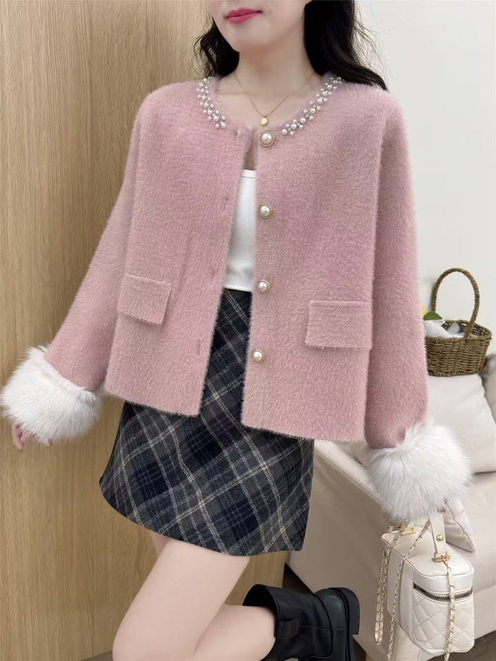 Damen elegante Strickjacke mit Perlenverzierung und flauschigen Ärmeln Drune