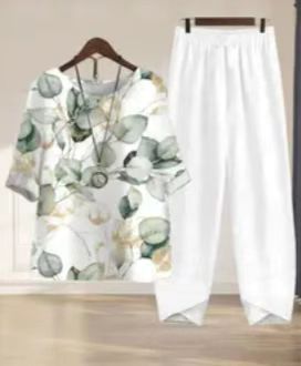 Damen nan luftiges Tunika-Zweiteiler mit botanischem Blattprint, legerer V-Ausschnitt-Bluse und elastischer Komforthose Drune