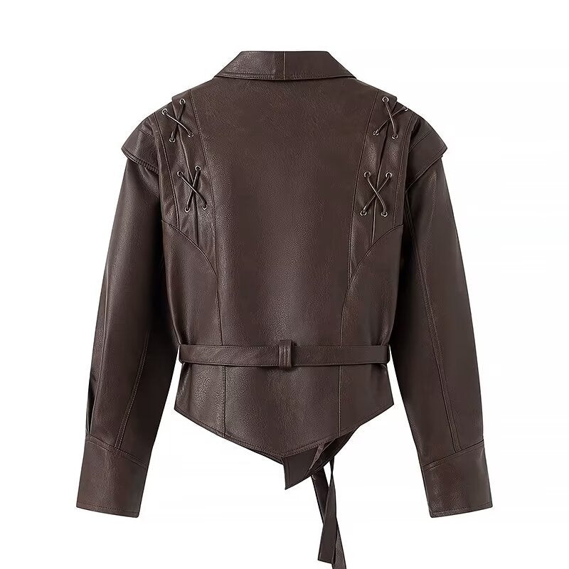 Damen nan taillierter Kunstleder-Blazer mit Schalkragen, Schnürdetails an der Schulter und Bindegürtel Drune