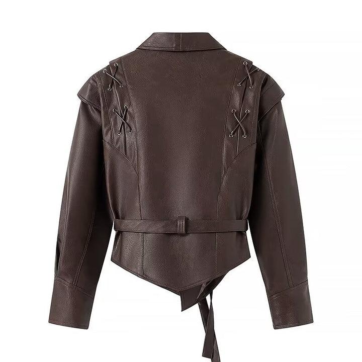 Damen nan taillierter Kunstleder-Blazer mit Schalkragen, Schnürdetails an der Schulter und Bindegürtel Drune