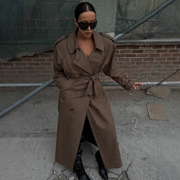 Damen eleganter Trenchcoat mit Taillengürtel und hochgeschlossenem Kragen Drune